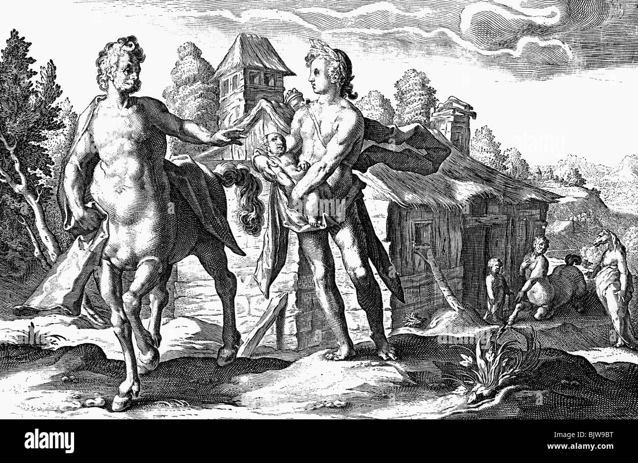 Centaur, griechische Fabelwesen, Illustration, der Kentaur Chiron und die jungen Asclepius, Illustration nach Kupferstich von Hendrick Goltzius (1558 - 1617), Artist's Urheberrecht nicht geklärt zu werden. Stockfoto