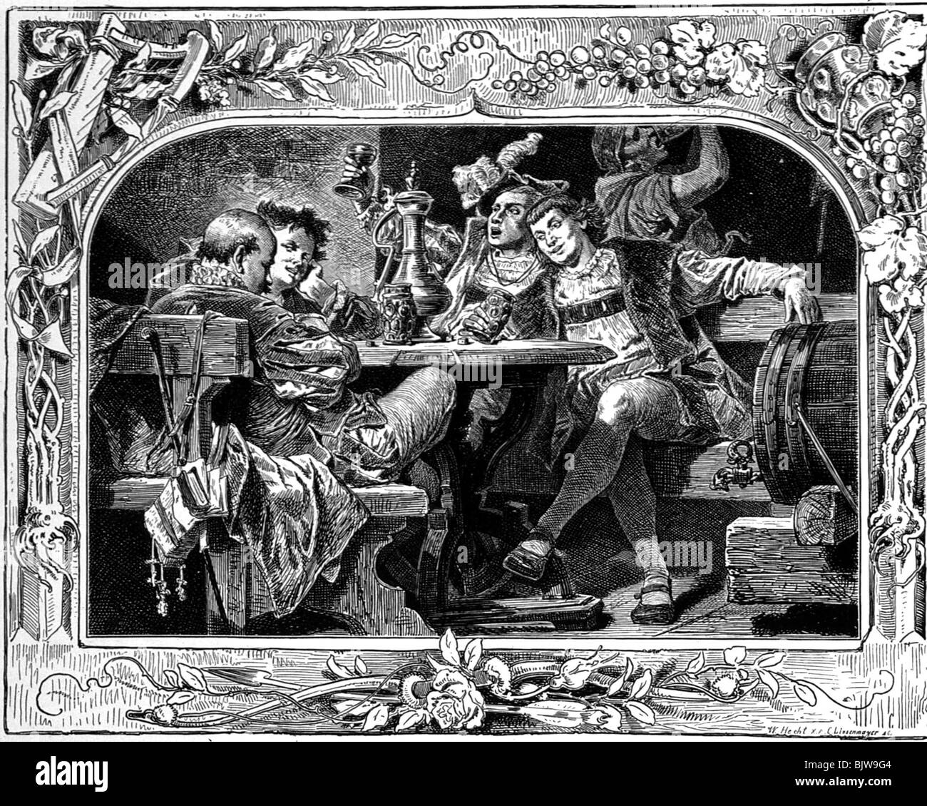 Literatur, "Faust - Der Erste Teil Der Tragödie", Szene 5, "Auerbacher Keller in Leipzig", Holzschnitt von W. Hecht, ca. 1870, Stockfoto