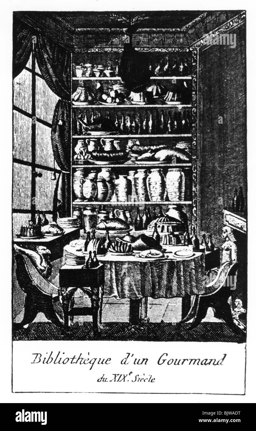 Essen, kehlender, Speisekammer, überdachter Tisch, Almanach der Feinschmecker, gestylt, um das Jahr 1803, Einband, zeitgenössische französische Gravur, Stockfoto