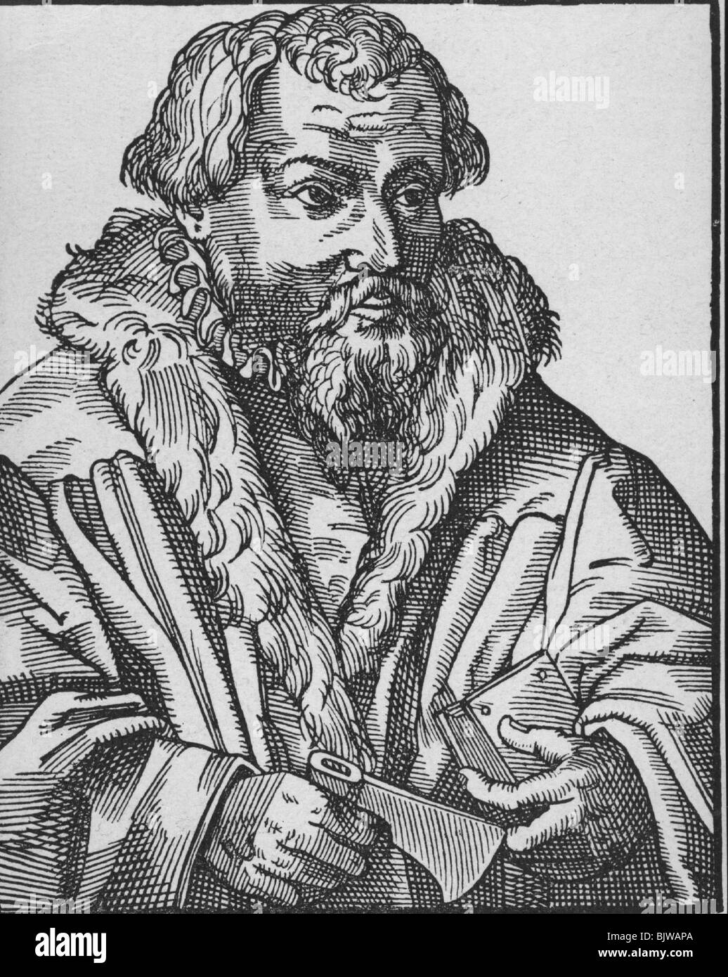 Mathesius, Johannes, 24.6.1504 - 17.10.1565, deutscher Geistlicher (Protestant), halbe Länge, Holzschnitt von Tobias Stimmer, Stockfoto