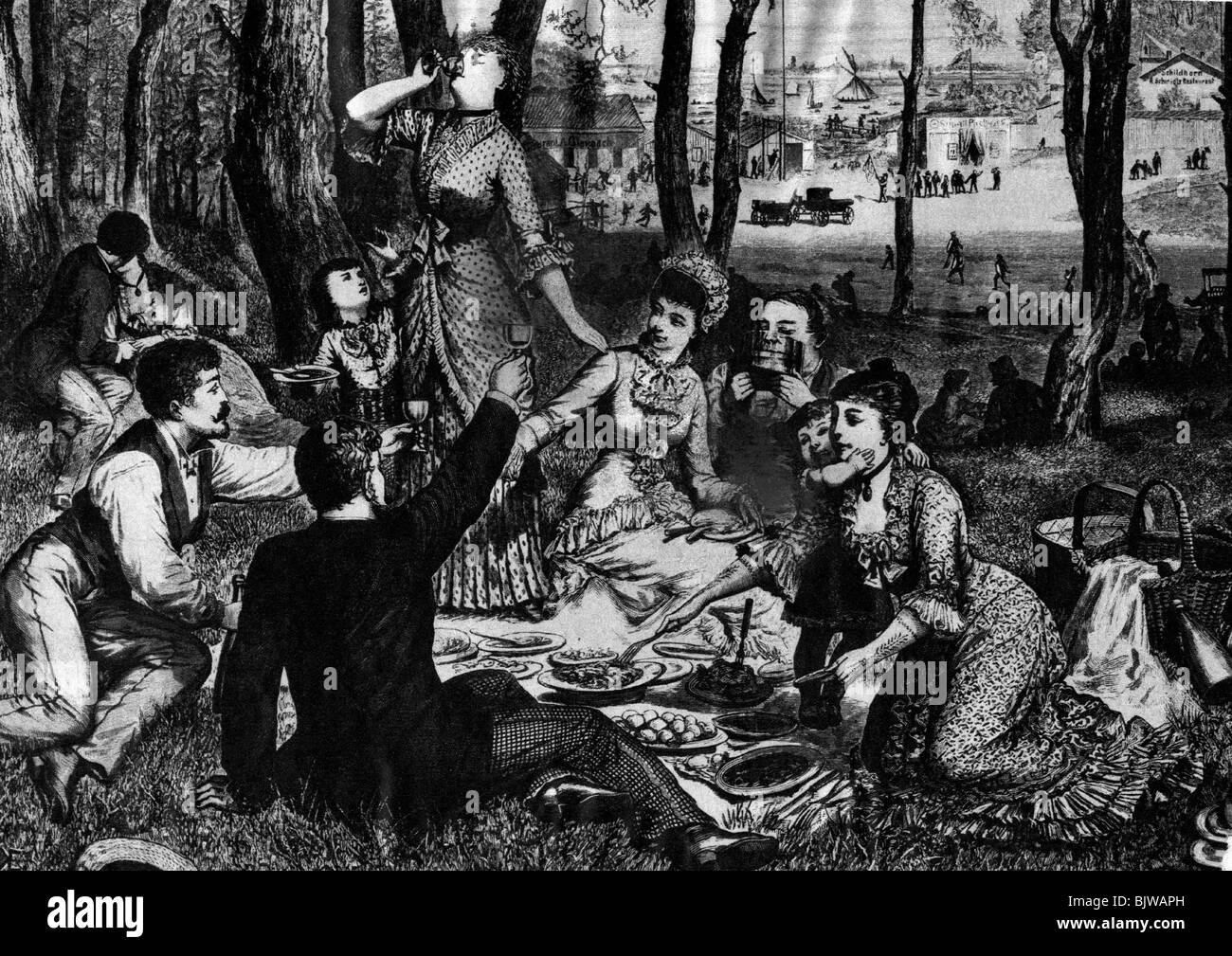 Gastronomie, Essen, Picknick, Familienausflug, Holzgravur, um 1880, Stockfoto