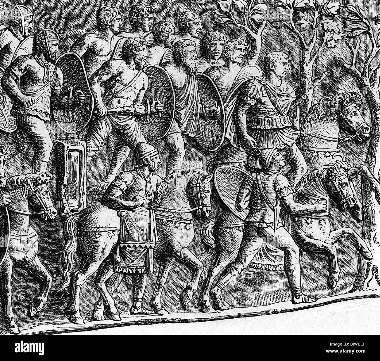 Trajan (Marcus Ulpius Traianus), 18.9.53 - 8.8.117, römischer Kaiser 27.1.98 - 8.8.117, mit seinen deutschen Leibwächtern, Holzgravur, 19. Jahrhundert, nach Trajans Säule, Rom, 113, Stockfoto