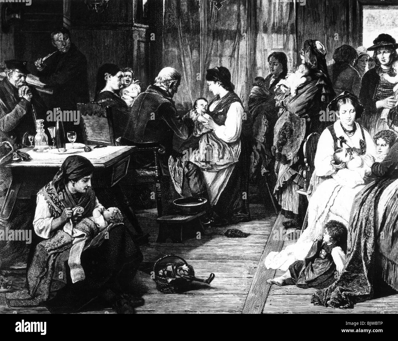 Medizin, Impfung, Impfung im gasthaus, Holzgravur nach A. Honnemann, 1881, Stockfoto