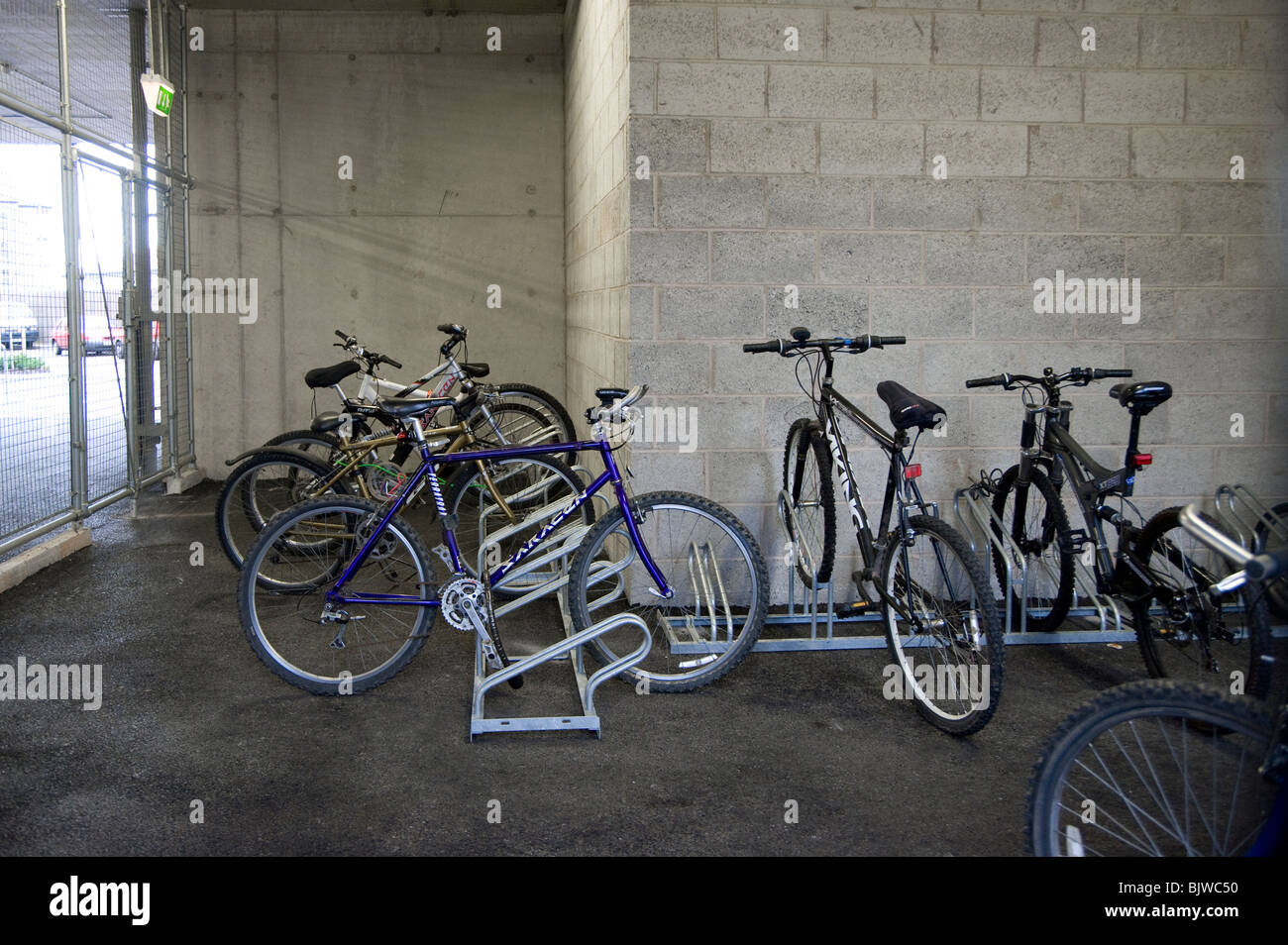 Fahrräder in einem Fahrradschuppen auf dem Schulgelände in England gesperrt. Stockfoto