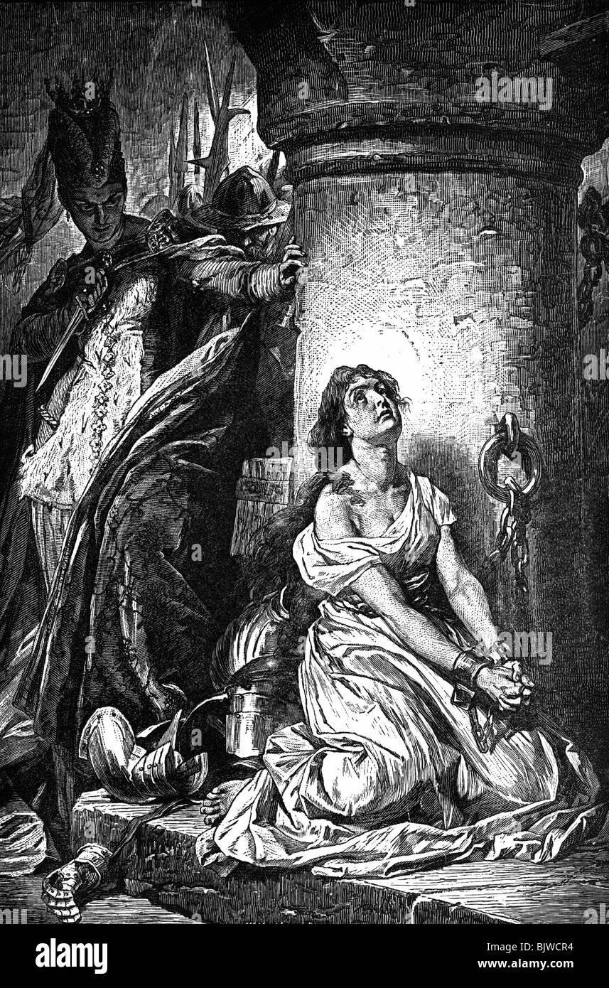 Joan of Arc, 6.1.1412 - 30.5.1431, französische Nationalheldin, inhaftiert in Rouen 1430 - 1431, Holzgravur, 19. Jahrhundert, Stockfoto