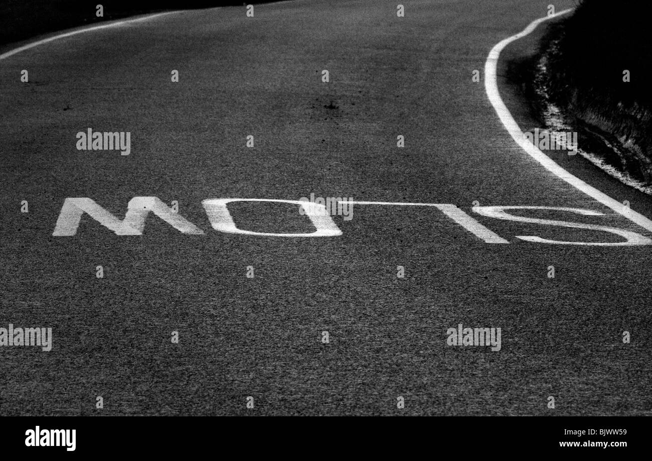 Kurvige Straße mit langsamem Schild in Weiß und Gras gemalt Kurz Stockfoto