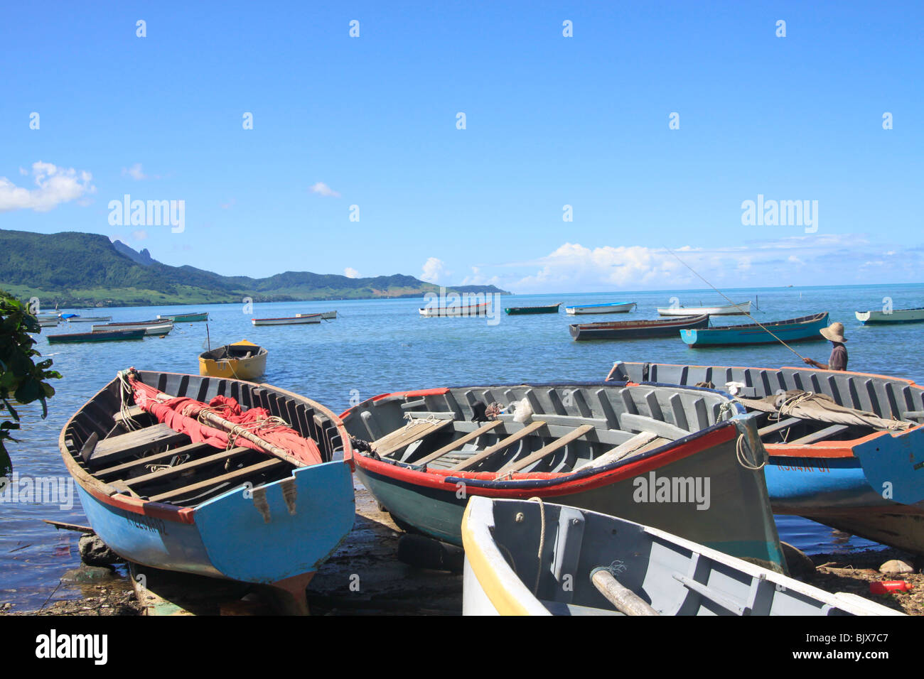 Küstenregion, Mahebourg, benannt Südosten von Mauritius, kleines Boot Piroge für dort lebende von Fischern genutzt. Gut besucht Stockfoto