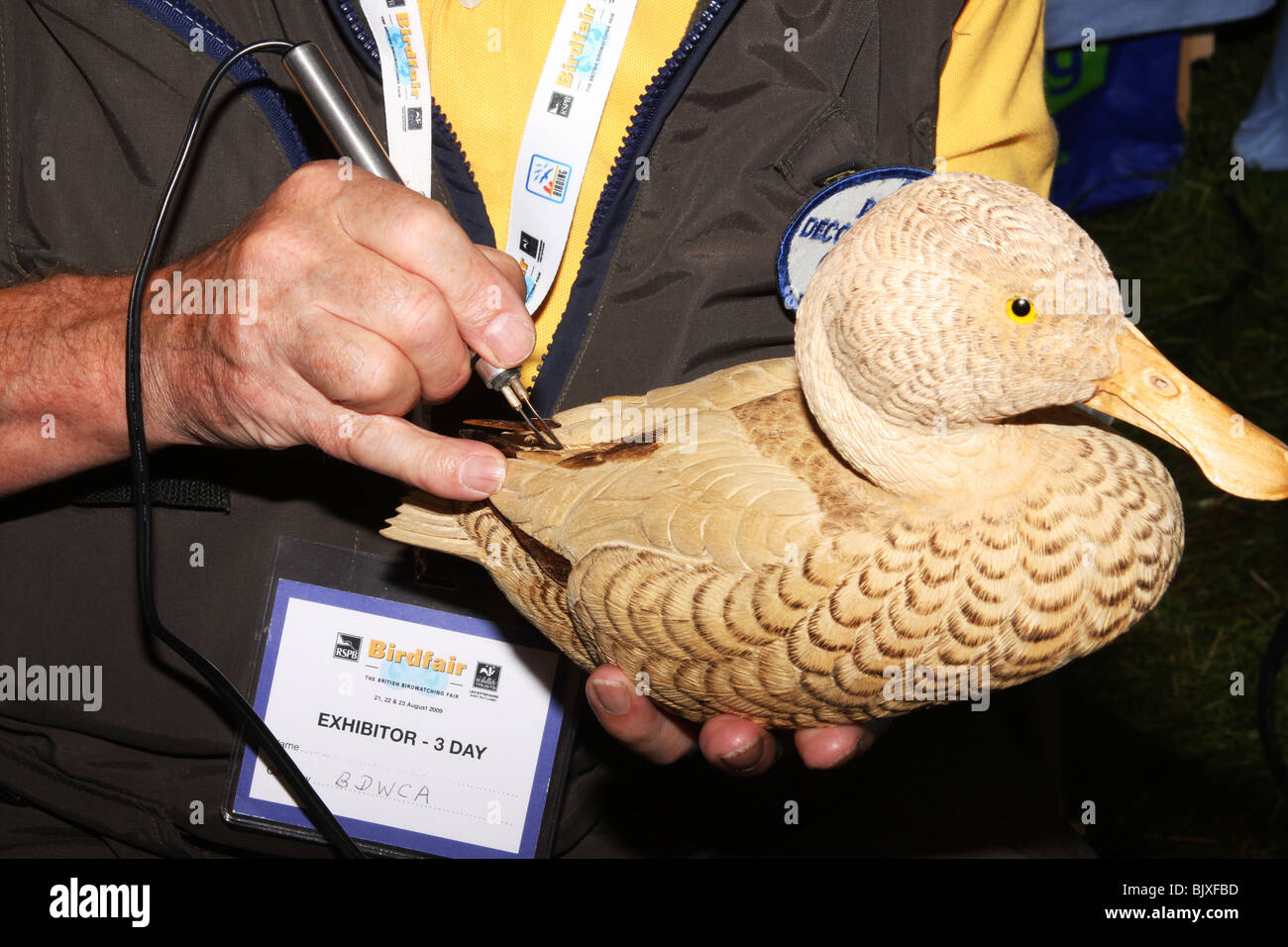 Mann, der groß angelegte hölzerne Carvings der Enten und Hühner. Stockfoto