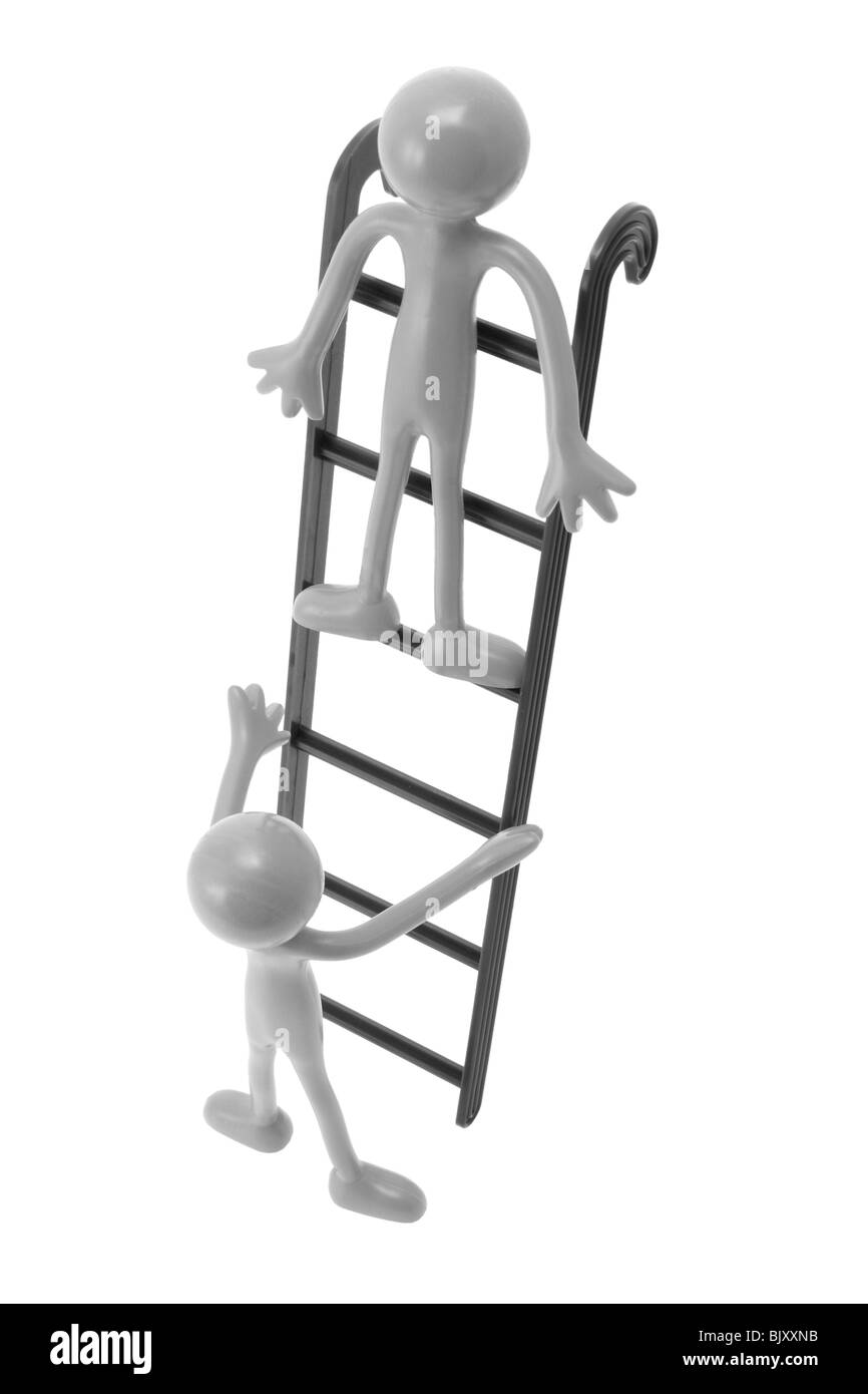 Miniaturfiguren auf Leiter Stockfoto