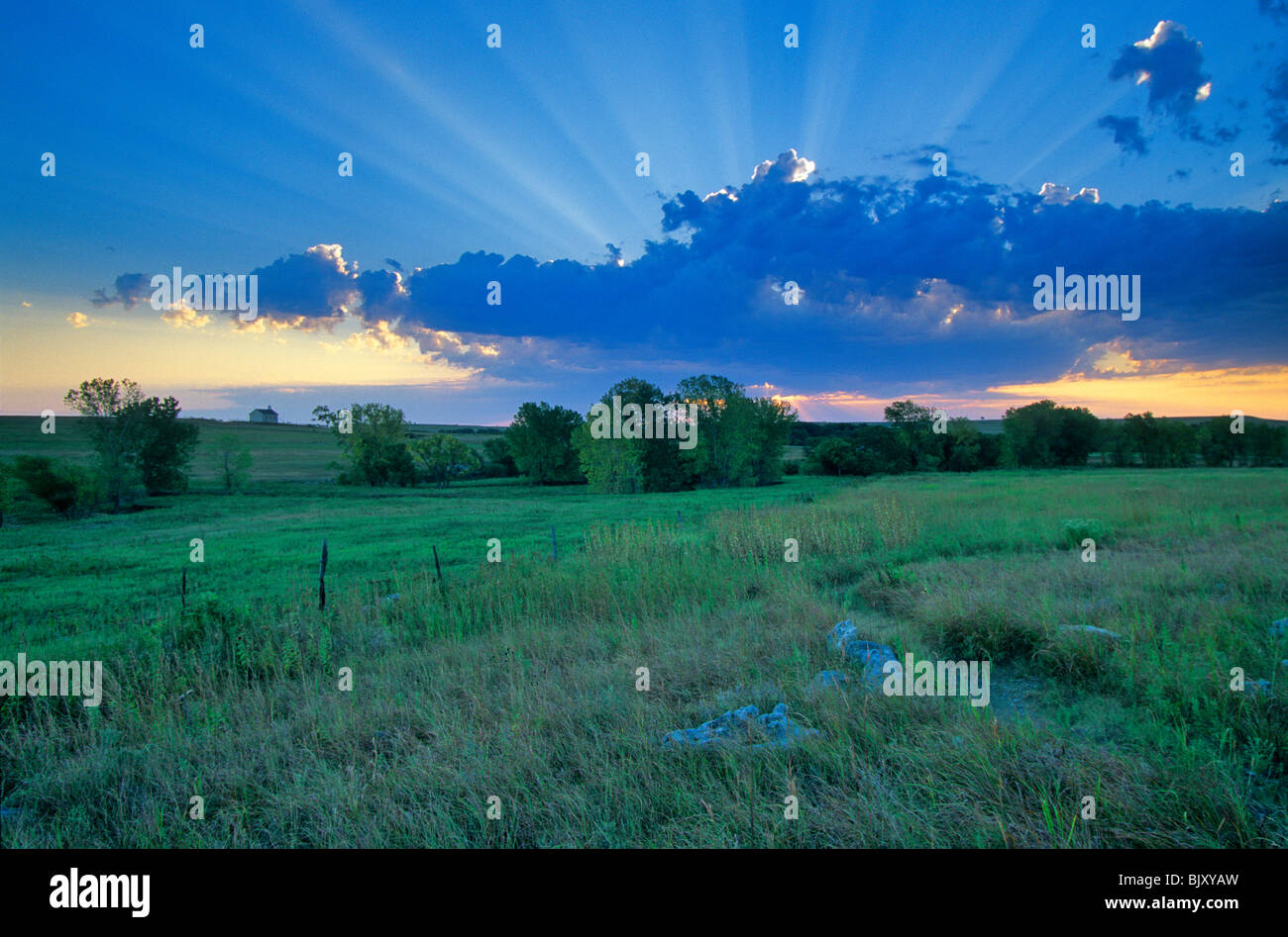 Sonnenaufgang über dem Grasland im Tallgrass Prairie National Preserve in der Nähe von Strong City, Kansas, USA Stockfoto