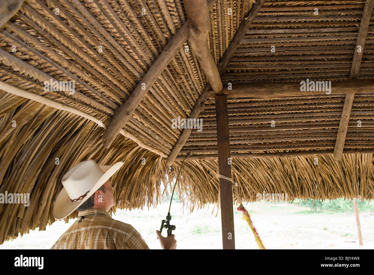 Latein-amerikanischen Rancher tötet ein Hornissennest in Palm überdacht Stroh Stockfoto