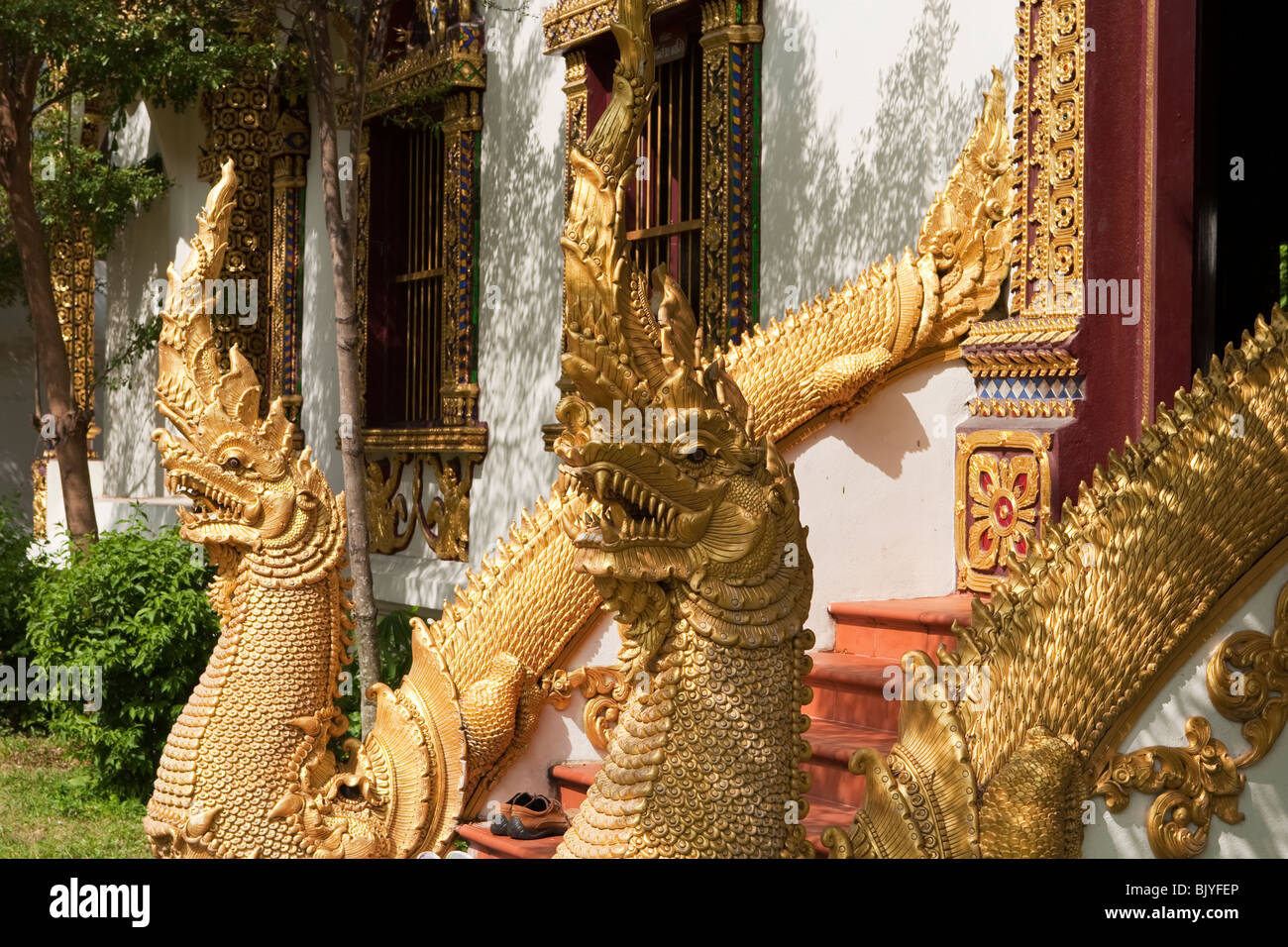 Die Naga, ein Thai Sympathieträger erscheint als eine Schlange oder Cobra außerhalb der Wat Chiang Man, Chiang Mai Thailand Stockfoto