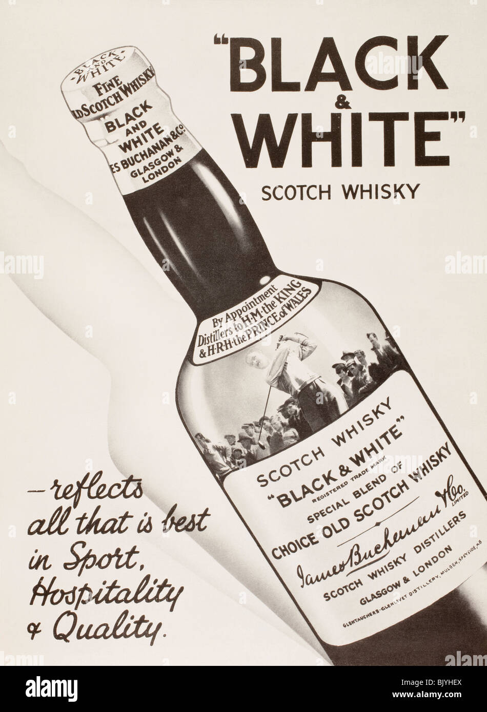 Werbung für Black &amp; White Scotch Whisky. Von die London Illustrated News, Weichnachtsausgabe, 1933. Stockfoto