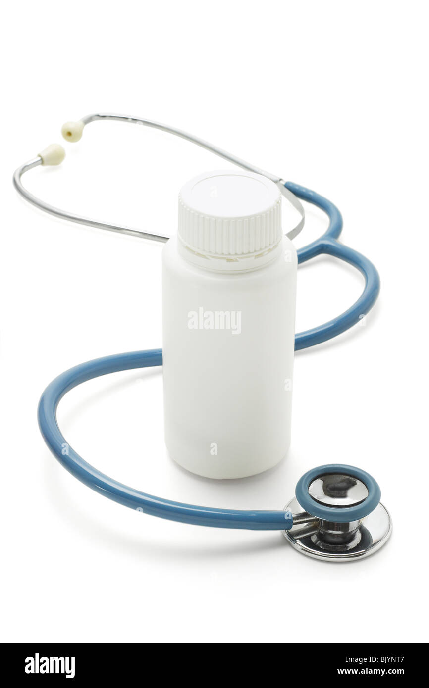 Stethoskop und Flasche Medizin - Gesundheitswesen-Konzept Stockfoto