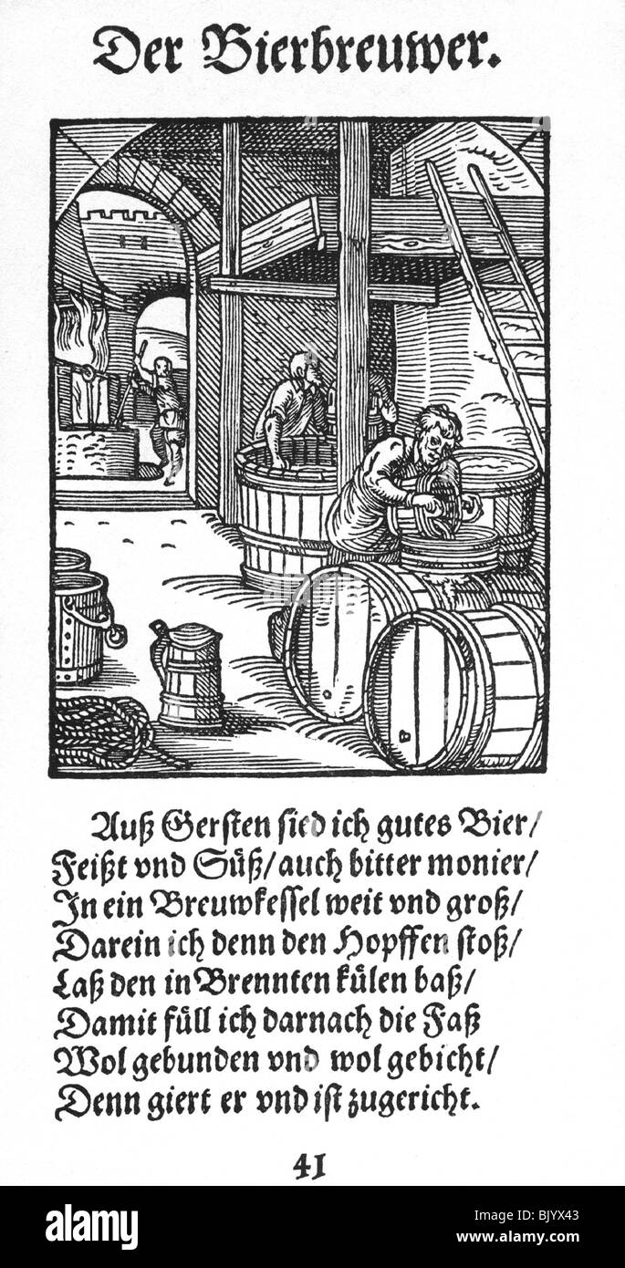 Alkohol, Bier, Brauer, Holzschnitt, 'Staendebuch' von Jost Amman, Frankfurt am Main, 1568, mit Vers von Hans Sachs, Stockfoto