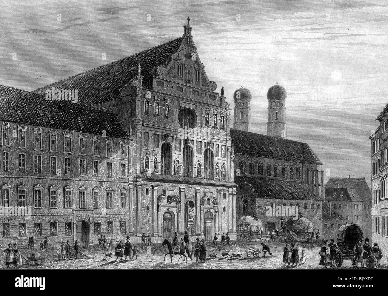 Geographie/Reisen, Deutschland, München, St.-Michael-Kirche, Neuhauser Straße, erbaut: 1583 - 1597 unter Friedrich von Sustris und Wendl Dietrich, Außenansicht, Stahlgravur von Johann Poppeln, 19. Jahrhundert, Stockfoto