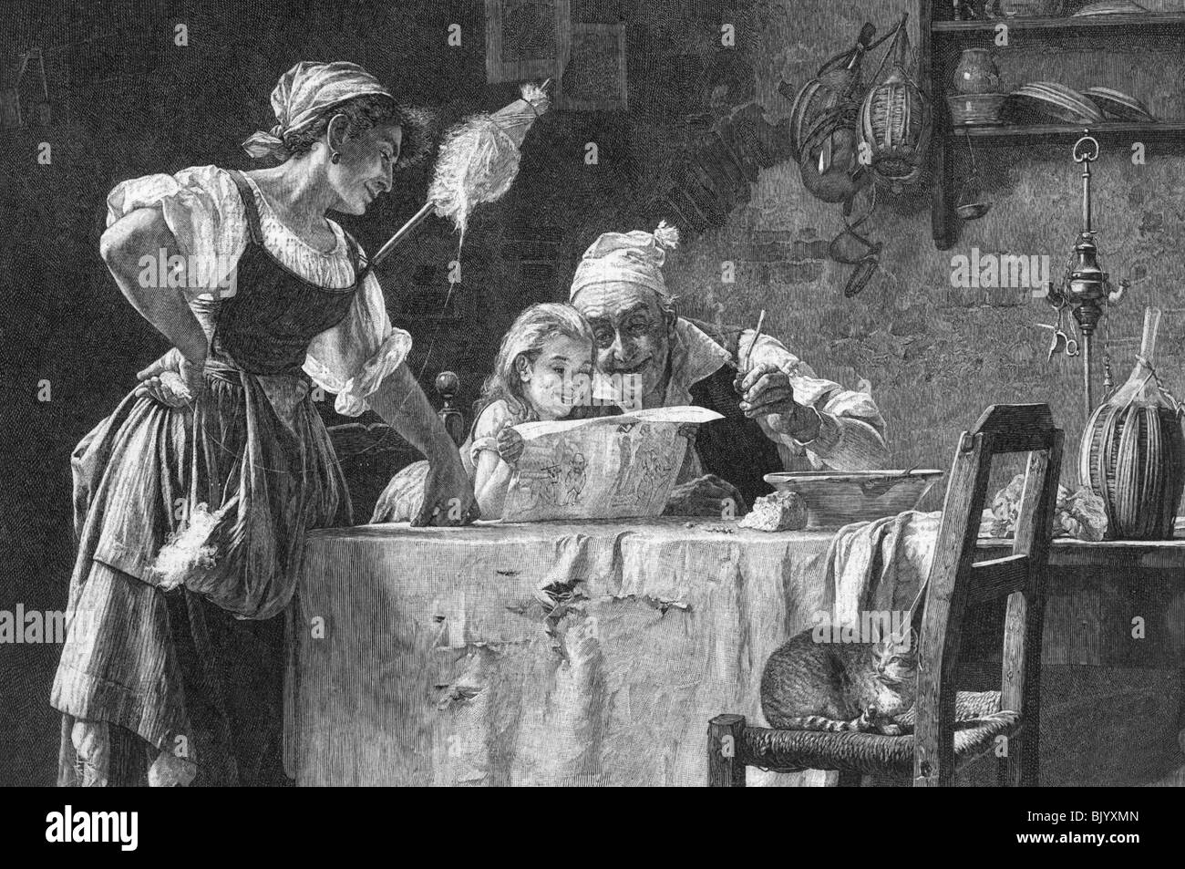 Leute, Familie, Großvater und Enkelin, die ein Comic-Papier, Holzgravur, 1894, lesen, nach dem Gemälde von Pietro Saltini (1838-1908), Italien, Photographic Gesellschaft Berlin, Stockfoto