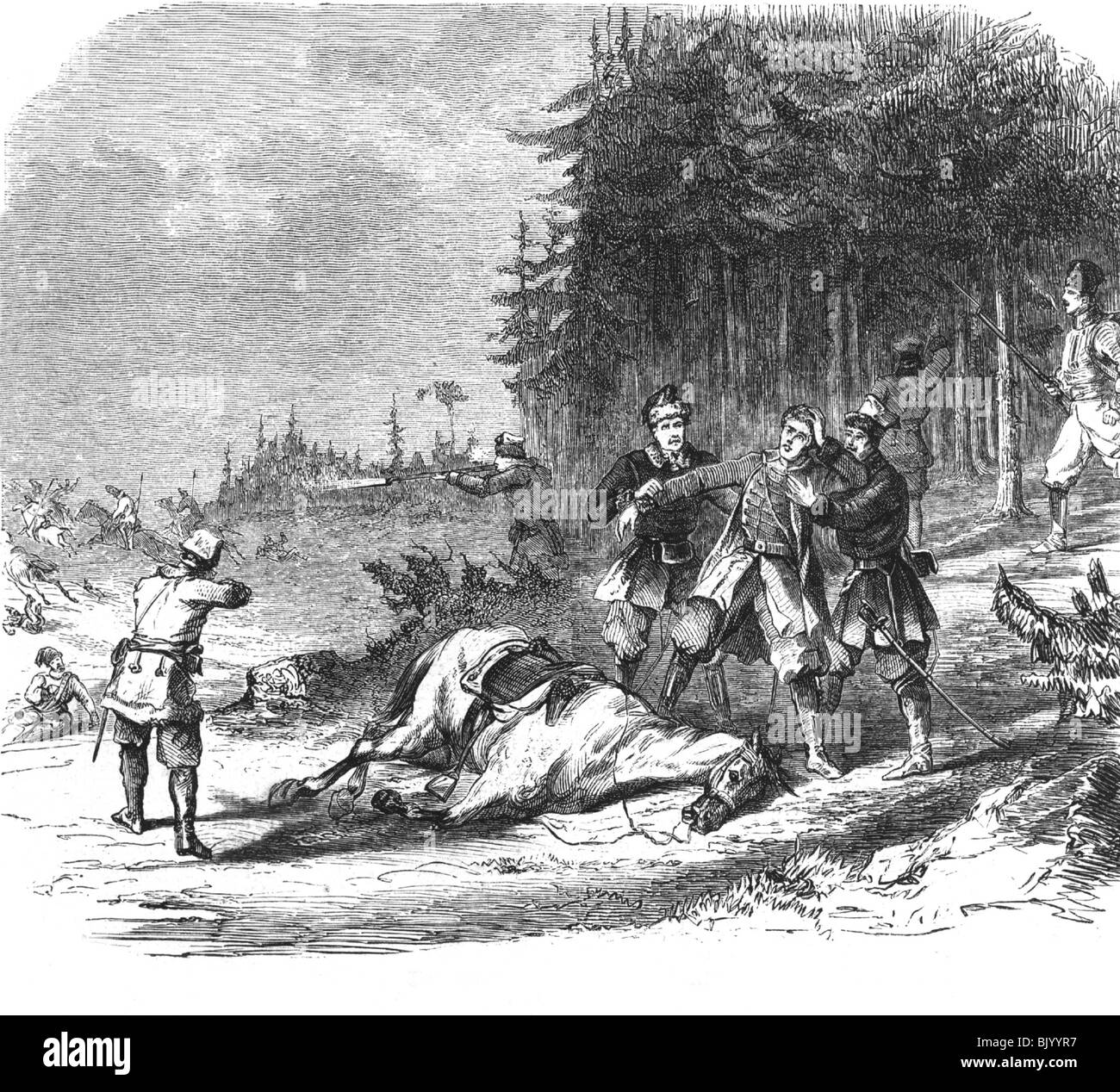 Aufstand der Polen - 1864, polnische Franzosenaufstände im Kampf mit Kosaken, Holzgravur, Aufstand im Januar, Aufstand der Russen, laufende Schlacht, Guerilla, Guerilla, Guerilla, Guerilla, Guerilla, Guerilla, Guerilla, Guerilla, Holz, Wald, Angriff, überfall, Angriffe, Razzien, Aufstände, nationaler Aufstand, Aufstände, Krawalle, Aufstand, Aufstand, russischer Aufstand, Aufstand, Aufstand, Aufstand, Aufstand, Aufstand, Aufstand, Aufstand, Aufstand, Aufstand, Polen, Aufstand, Aufstand, Aufstand, Aufstand, Aufstand, Polen, Aufstand, Aufstand, Aufstand, Aufstand Russisches Reich, Weichselland, 19. Jahrhundert, historisch, historisch, Menschen, Stockfoto
