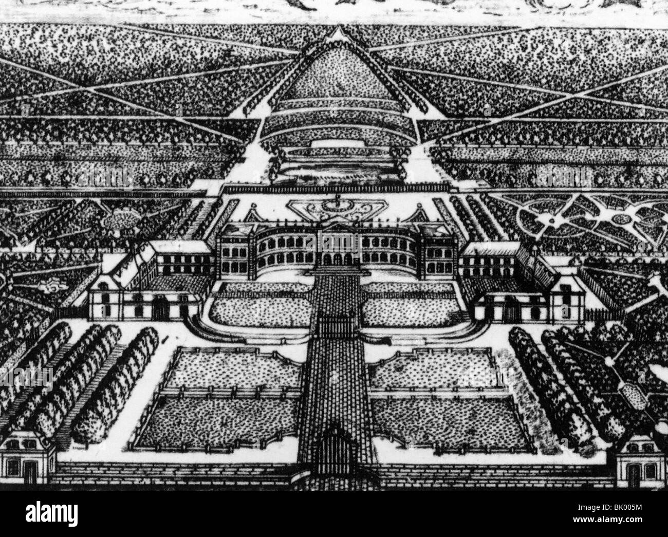 Geographie/Reise, Frankreich, Schlösser, Schloss Crecy, Eingangsgericht, Kupferstich, 18. Jahrhundert, historisch, historisch, Westeuropa, Gebäude, Gebäude, Architektur, Barock, Vogelperspektive, Vogelperspektive, gekauft von Jeanne Antobinette Marquise de Pompadour 1746, Stockfoto