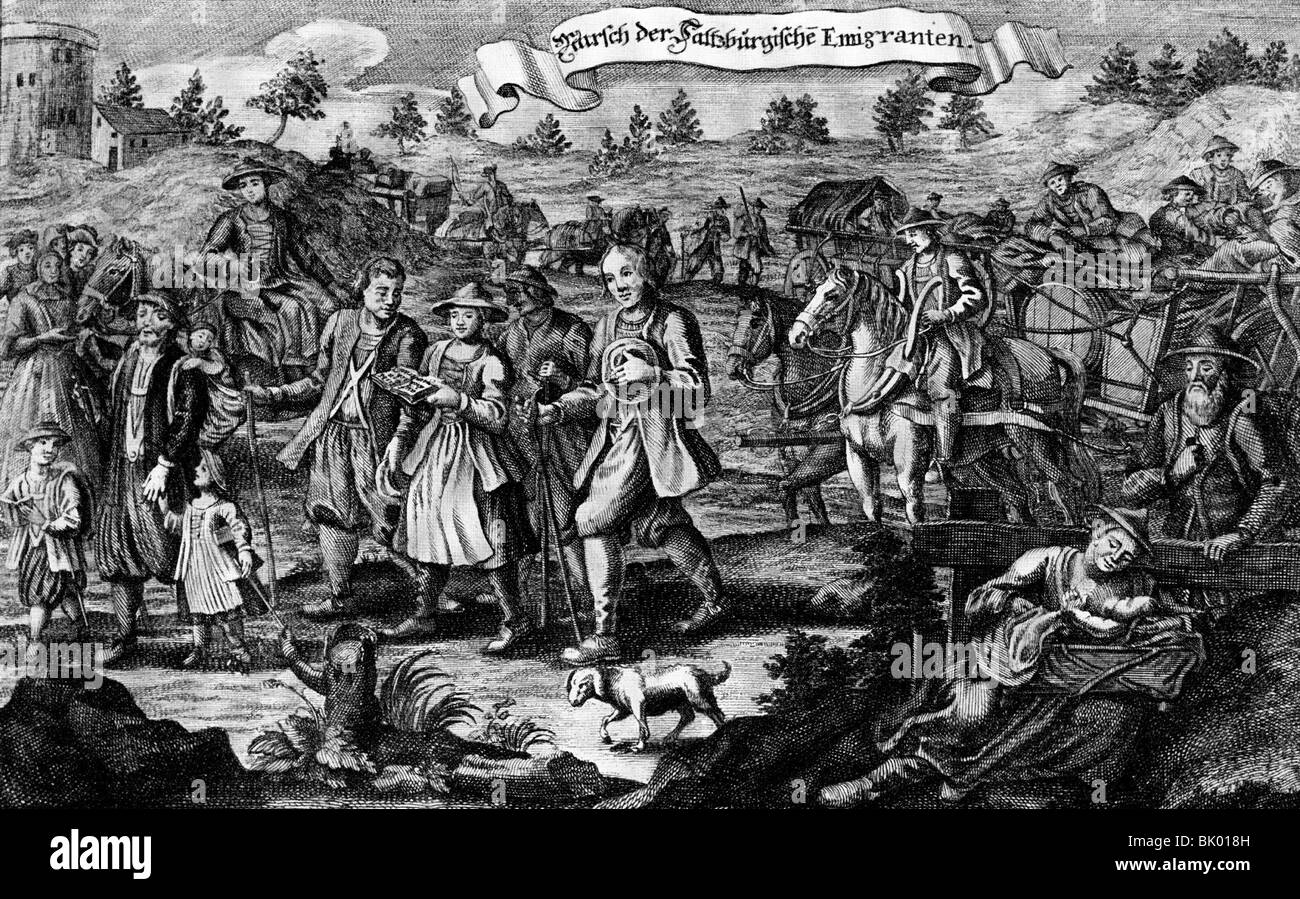 Religion, Christenheit, protestanten, Vertreibung der Protestanten im Erzstift Salzburg, 1732, Transmigration nach Ostpreussen, zeitgenössische Kupferstich, 1732, 18. Jahrhundert, historische, religiöse Verfolgung durch Erzbischof Firmian, Emigrant, Emigrant, Emigrant, Emigranten, Emigranten, Emigranten, Emigranten, Emigranten, Exodus, Emigration, Emigration, Stockfoto