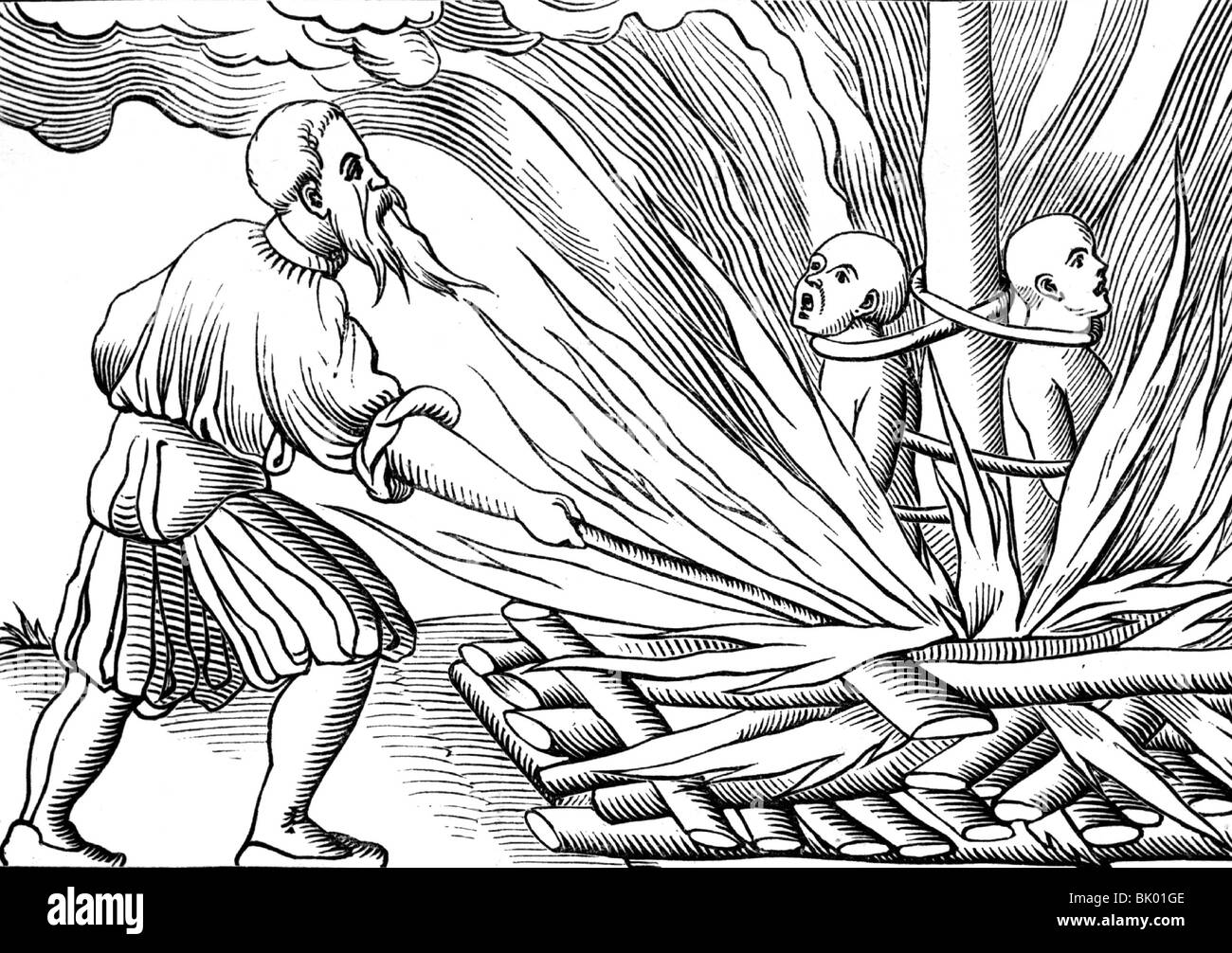 Judikative, Inquisition, Verurteilte, zwei Häretiker auf dem Grabhaufen, Holzschnitt an Sebastian Münster "Cosmographia", Basel, 1552, Stockfoto