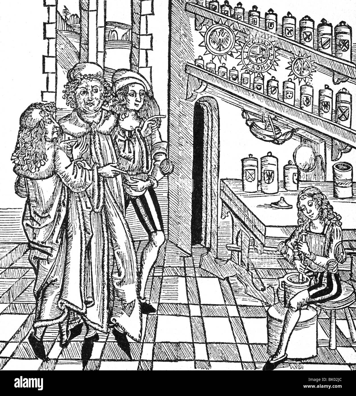 Arznei, Apotheke, Drogerie, Holzschnitt der "Kunst der Destillerie" von Hieronymus Brunschwyk, ca. 1500, Stockfoto