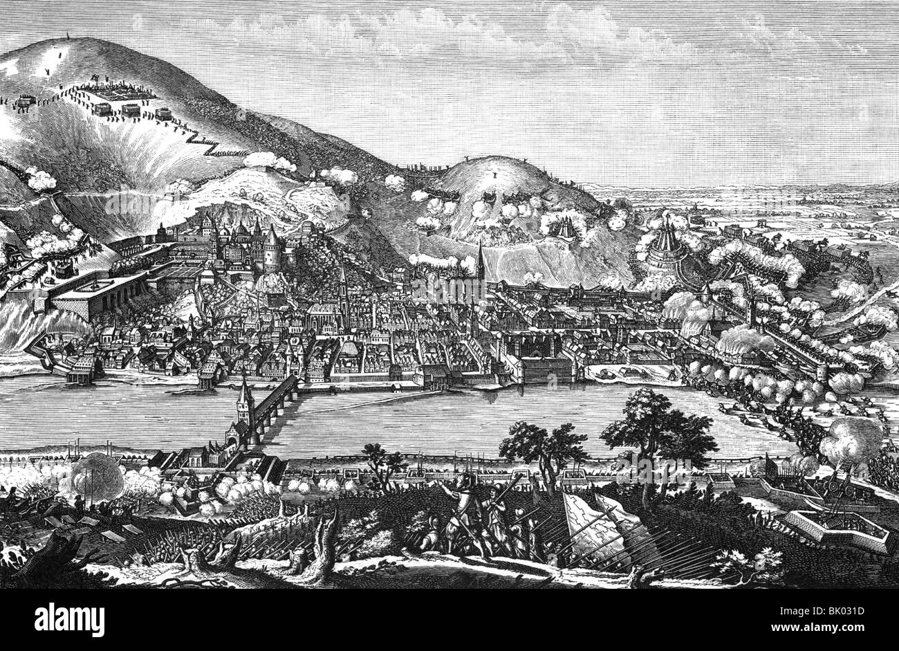 Ereignisse, Dreißigjähriger Krieg 1618 - 1648, böhmisch-pfälzischer Krieg 1618 - 1626, Belagerung von Heidelberg, 1.7.- 20.9.1622, zeitgenössische Kupferstich, Kaiserliche Armee, Bayern, Katholische Liga, Pfalz, Fluss, Rhein, Schloss, Staude, Bombenanschläge, Angriff, Deutschland, 17. Jahrhundert, historisch, historisch, Menschen, Stockfoto Ereignisse, Dreißigjähriger Krieg 1618 - 1648, böhmisch-pfälzischer Krieg 1618 - 1626, Belagerung von Heidelberg, 1.7.- 20.9.1622, zeitgenössische Kupferstich, Kaiserliche Armee, Bayern, Katholische Liga, Pfalz, Fluss, Rhein, Schloss, Staude, Bombenanschläge, Angriff, Deutschland, 17. Jahrhundert, historisch, historisch, Menschen, Stockfoto