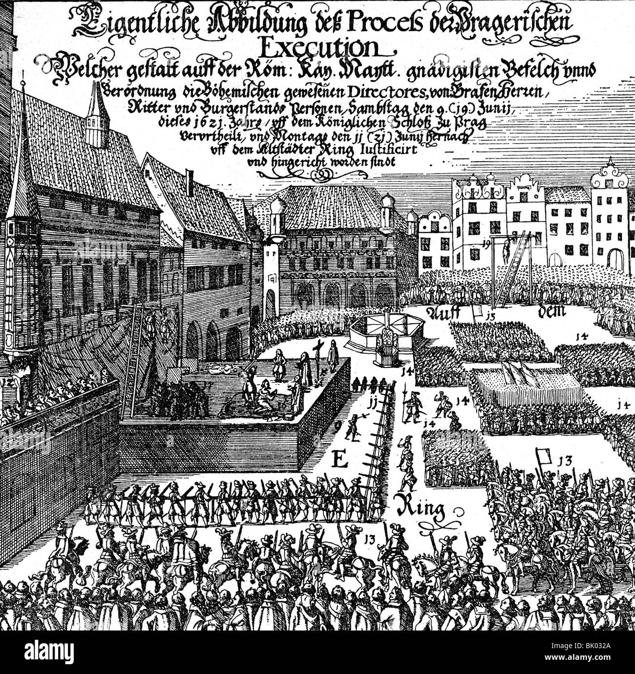 Ereignisse, Der Dreißigjährige Krieg 1618 - 1648, böhmisch-pfälzischer Krieg 1618 - 1626, Hinrichtung böhmischer Aufständischer in Prag, 21.6.1621, zeitgenössischer Kupferstich, Stockfoto
