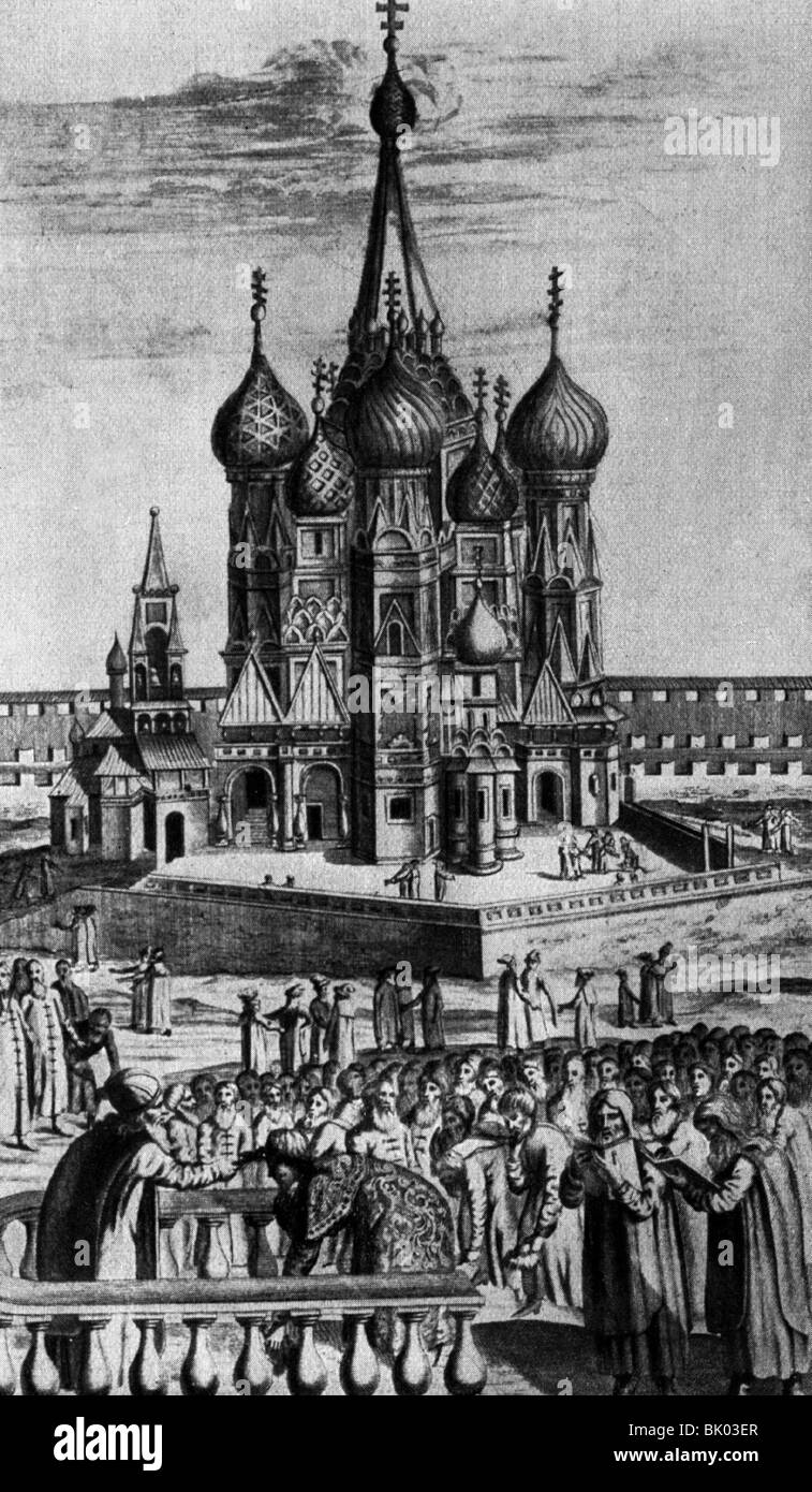 Geographie/Reise, Russland, Moskau, Roter Platz mit Kreml, Kathedrale St. Basilius und dem Podium Lobnoie Mesto, Gravur, 1634, Stockfoto