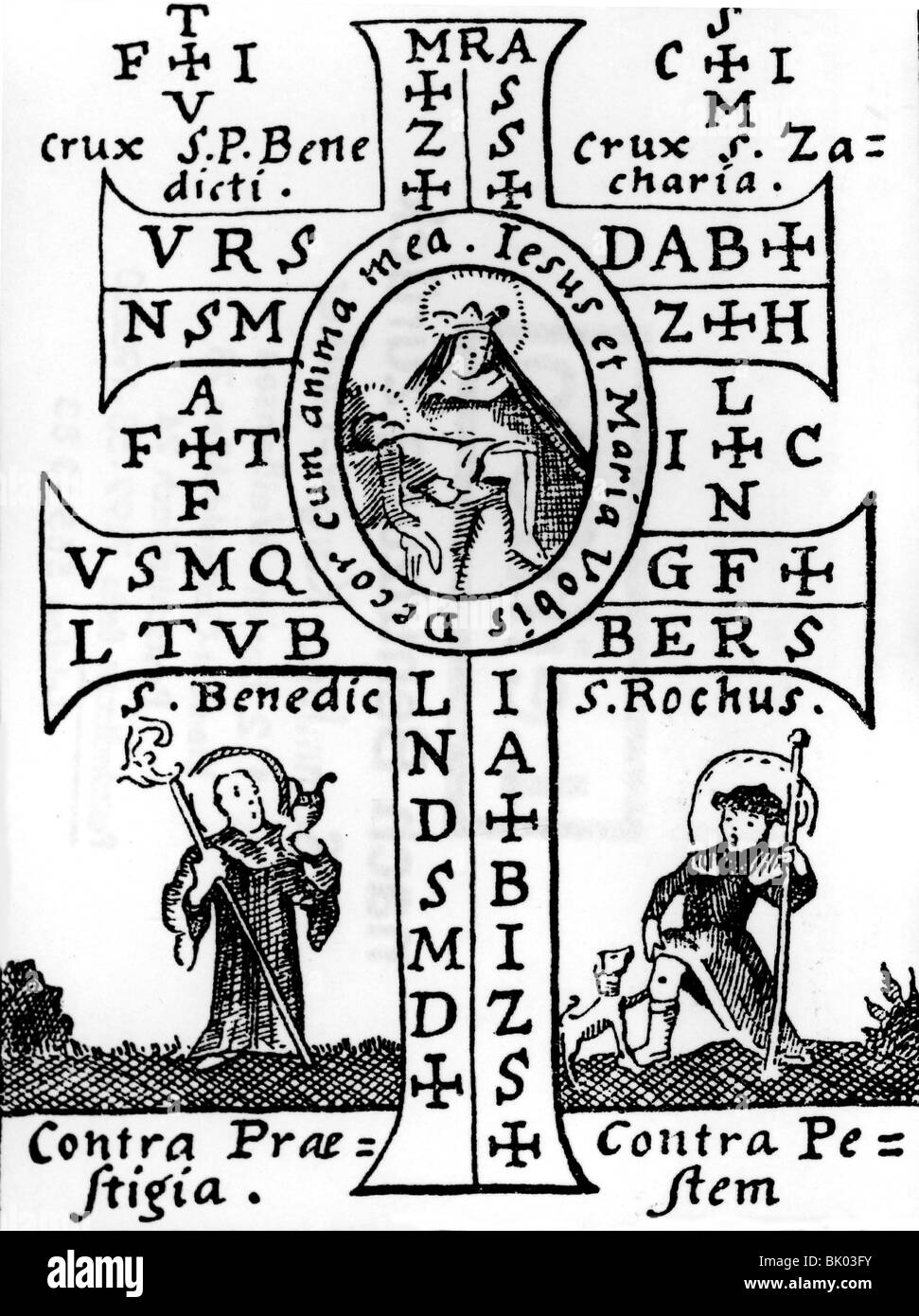 Medizin, Krankheit, Plage, Schutz, Amulett mit der Mutter der Jungfrau und den Heiligen Benedikt und Rochus, Breitblatt, 18. Jahrhundert, historisch, Aberglaube, Epidemie, Epidemien, Epidemie, Plagen, Epidemie, Plagen, Pestulenz, Pestilenz, Deutschland, Christenkreuz, Kruzifix, madonna, Beschwörung, Inscript, Menschen, Stockfoto