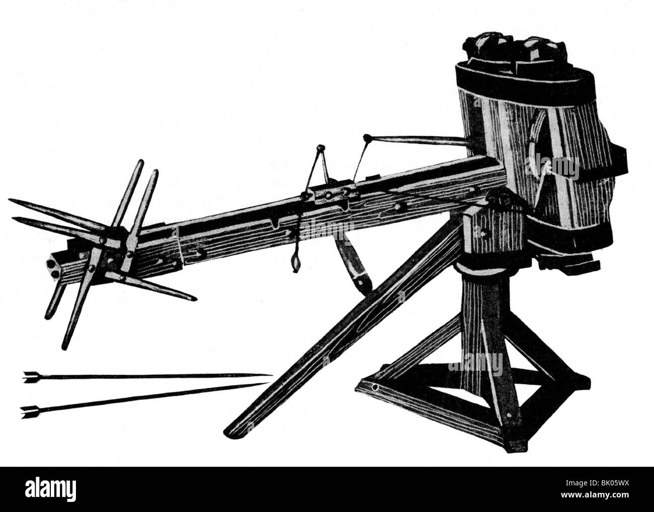 Militär, alte Welt, Gewehre, Ballista (Skeine), Wiederaufbau, 19. Jahrhundert, historisch, Geschichte, Belagerungskrieg, Ballistae, griechische Waffe, Mechaniker, Motor, Darts, Waffen, Katapult, Katapulte, Clipping, Cut Out, Cut-out, Cut-outs, alte Welt, Stockfoto