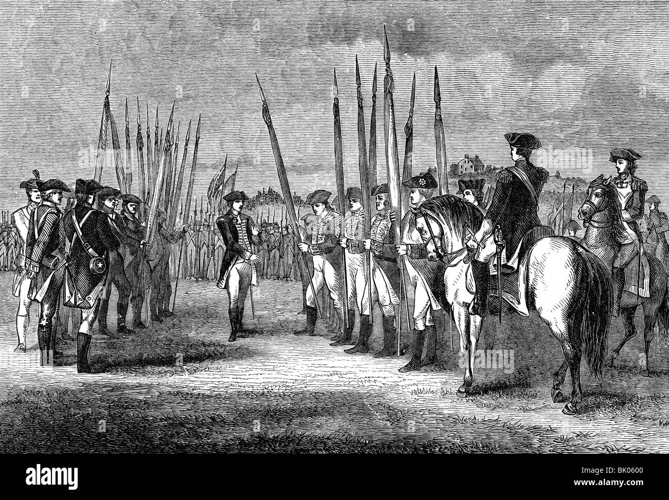 Ereignisse, amerikanischer Revolutionskrieg 1775 - 1783, Kapitulation der Briten in Yorktown, Virginia, 19.10.1783, Übergabe der Regimentsfarben, Holzgravur, 19. Jahrhundert, Amerikaner, Großbritannien, USA, Revolution, Soldaten, 18. Jahrhundert, historisch, historisch, Menschen, Stockfoto