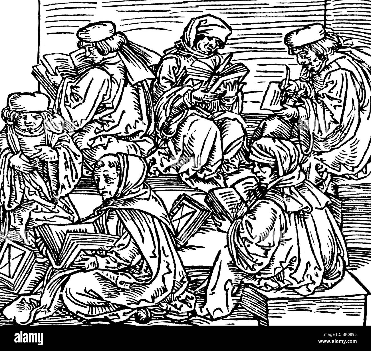 Wissenschaft, Wissenschaftler, Holzschnitt der "Epistulae obscurorum virorum" von Ulrich von Hutten, 2. Teil 1517, Stockfoto