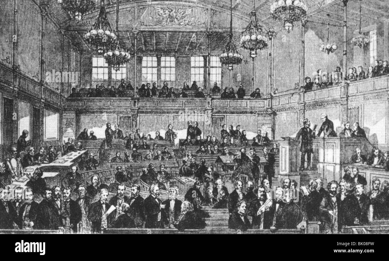 Geografie/Reisen, Deutschland, Politik, Deutsche tarifunion, Kongress des Deutschen tarifparlaments, Berlin, zeitgenössische Holzgravur, ca. Stockfoto