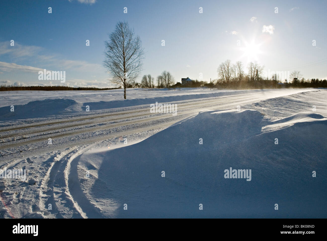 Winter-Straße in Ragana Region Vidzeme Landschaft Lettlands Stockfoto