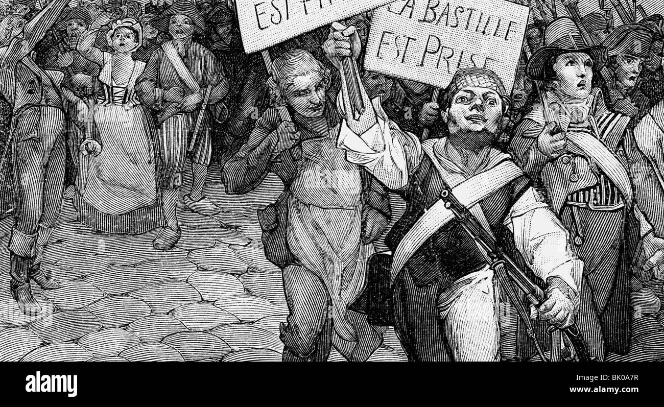 Geographie/Reise, Frankreich, französische Revolution 1789 - 1799, Erstürmung der Bastille, 14.7.1789, "Die Eroberung der Bastille", Holzgravur, 19. Jahrhundert, Stockfoto