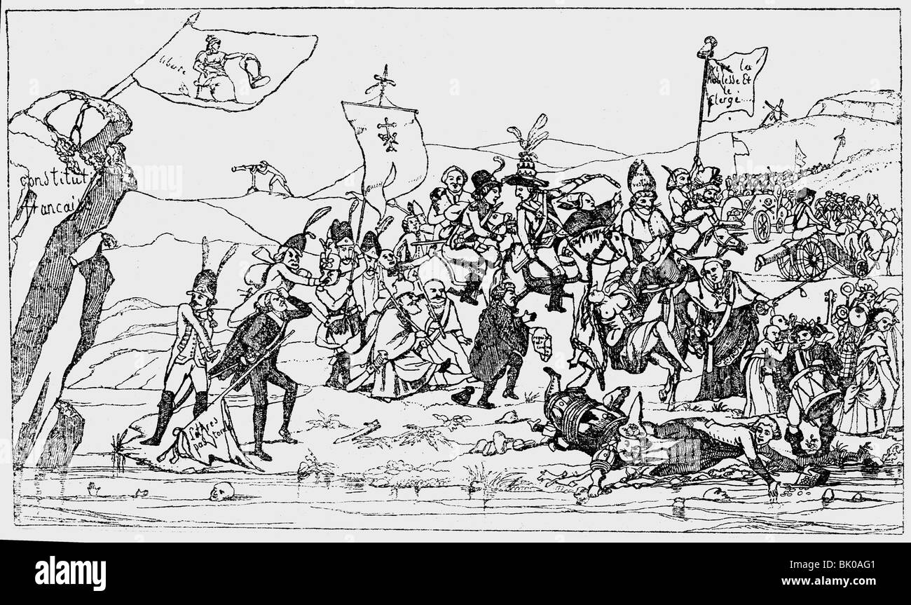 Geographie/Reise, Frankreich, französische Revolution 1789 - 1799, Karikatur, "Rückzug der Konterrevolutionäre", Zeichnung, 1731, Stockfoto