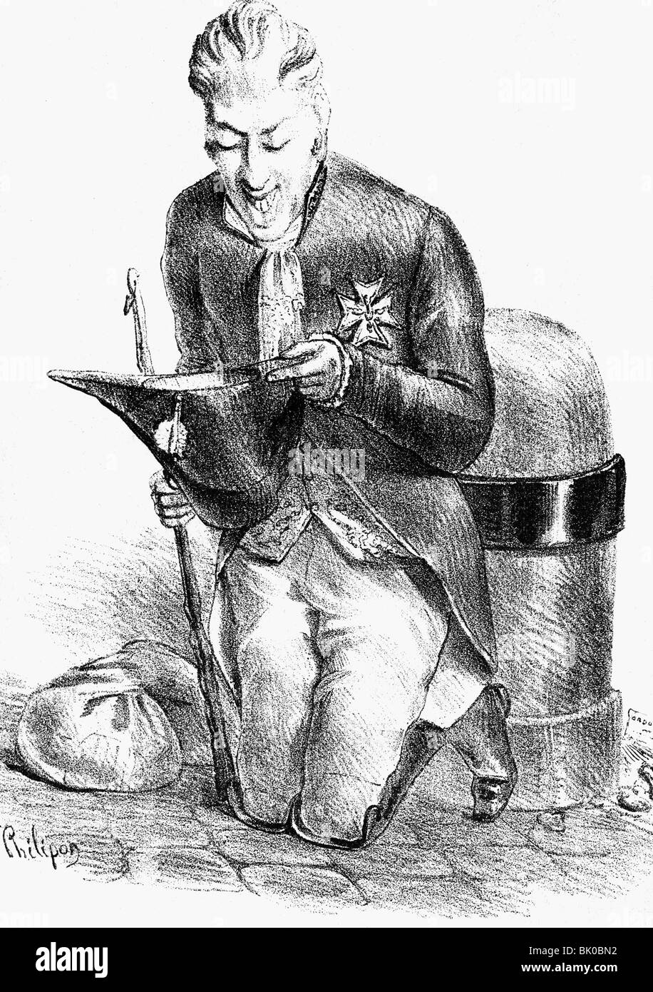 Charles X Philip, 9.10.1757 - 6.11.186, König von Frankreich 16.9.188 - 2.8.1830, Karikatur, "Have Mercy with a Poor Blind", lithographisch nach der Zeichnung von Philipon, Stockfoto