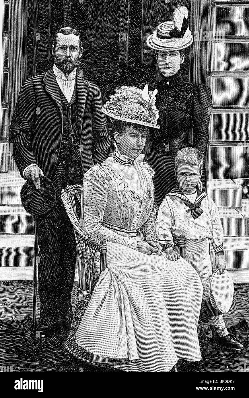 George V., 3.6.1865 - 20.1.1936, König von Großbritannien 6.5.1910 - 20.1.1936, mit Familie, Holzgravur, ca. 1905, Stockfoto