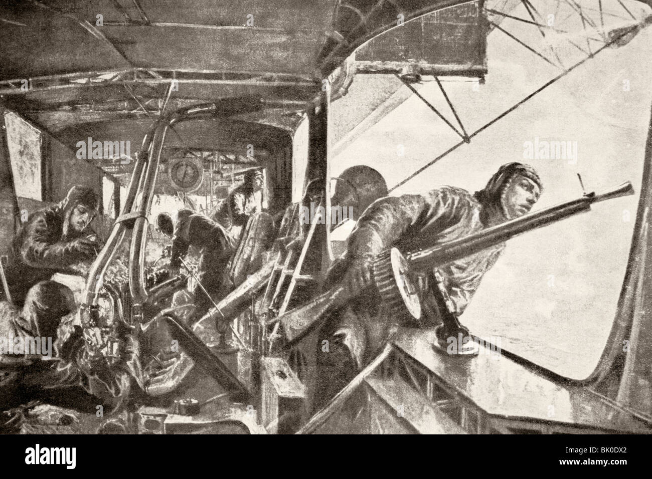 Deutsche "Gunners" Ausschau nach einem alliierten Angriff aus der Kabine ein Zeppelin Luftschiff während des ersten Weltkrieges. Stockfoto