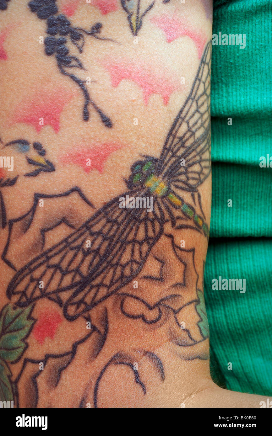 Eine Frau Arm mit einer Libelle Tattoo. Stockfoto