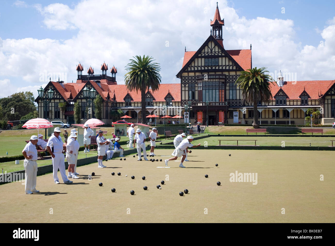 Rasen-Bowling-Turniere statt auf den Grüns der Regierung Gärten Rotorua New Zealand Stockfoto