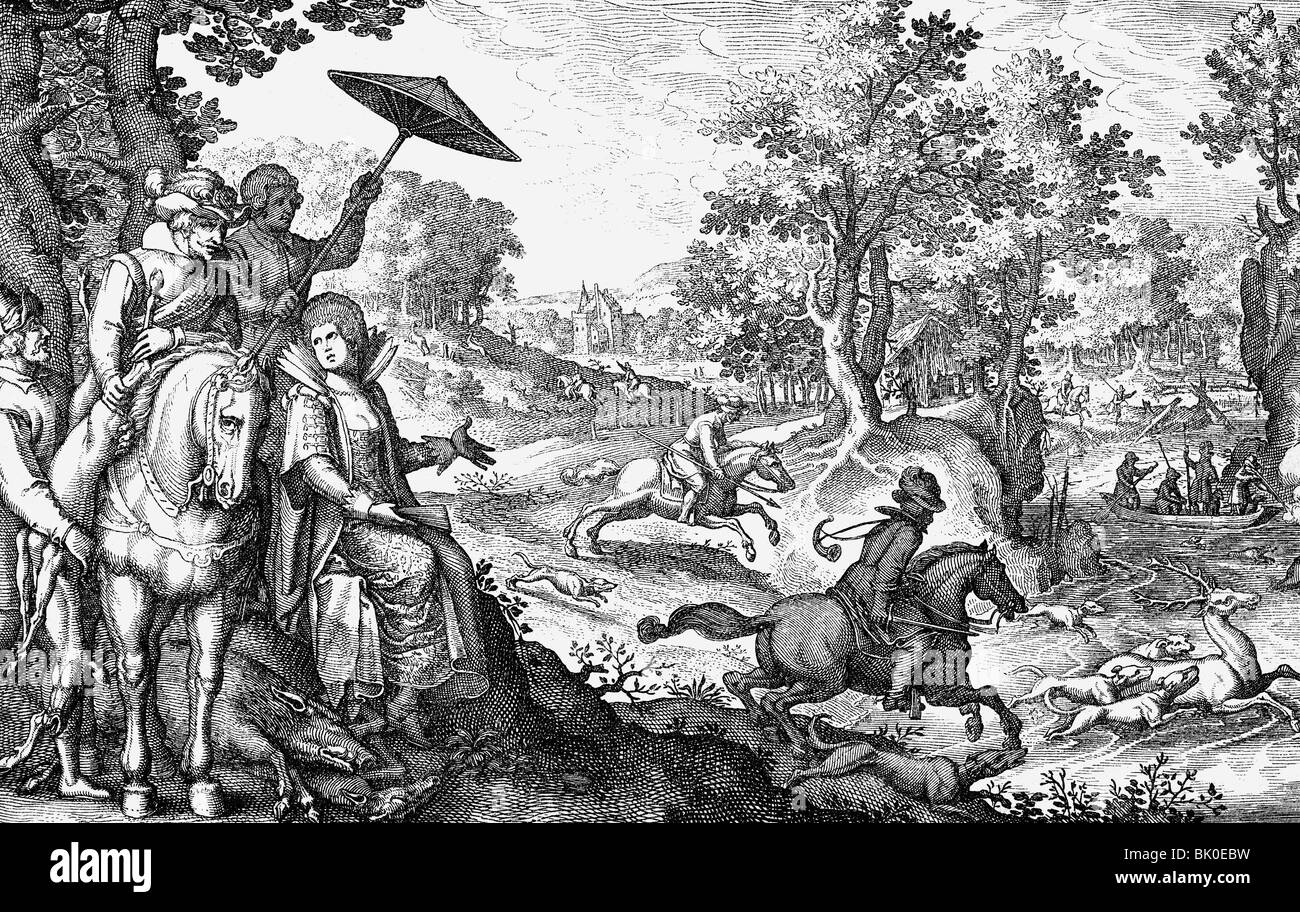 Jagd, Jagd, Kupferstich von Matthaus Merian, 17. Jahrhundert, Jäger, Jagdhunde, Wald, Fluss, Animas, Gesellschaft, Adel, Deutschland, historisch, historische, 16. Jahrhundert, Matthaeus, Matthäus, Menschen, Artist's Urheberrecht nicht geklärt zu werden. Stockfoto