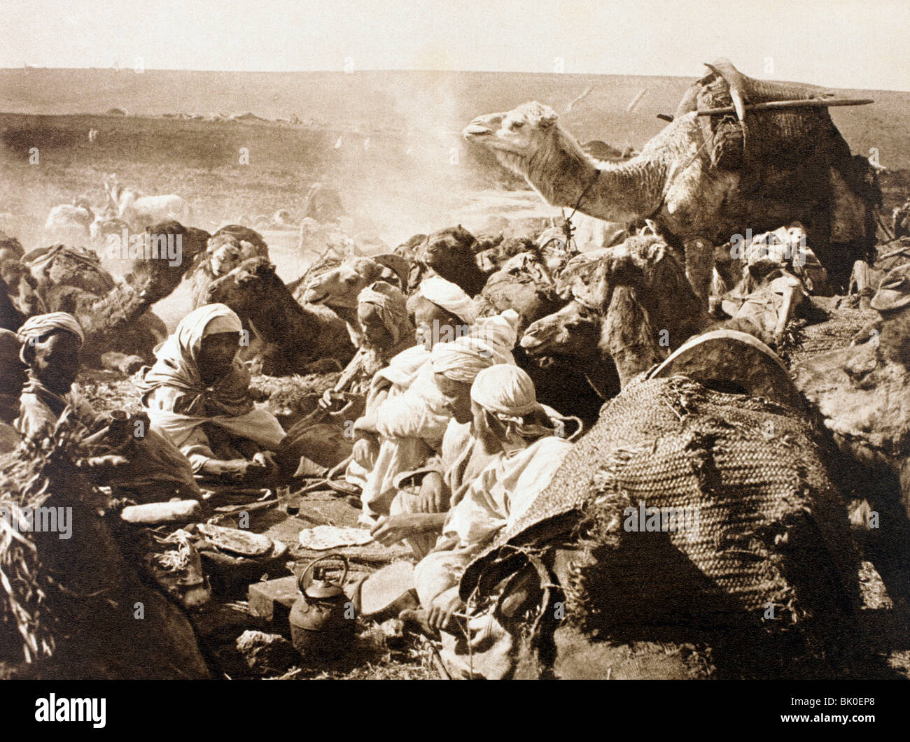 Ein marokkanisches Kamel Fahrer Camp in der ersten Hälfte des 20. Jahrhunderts. Stockfoto