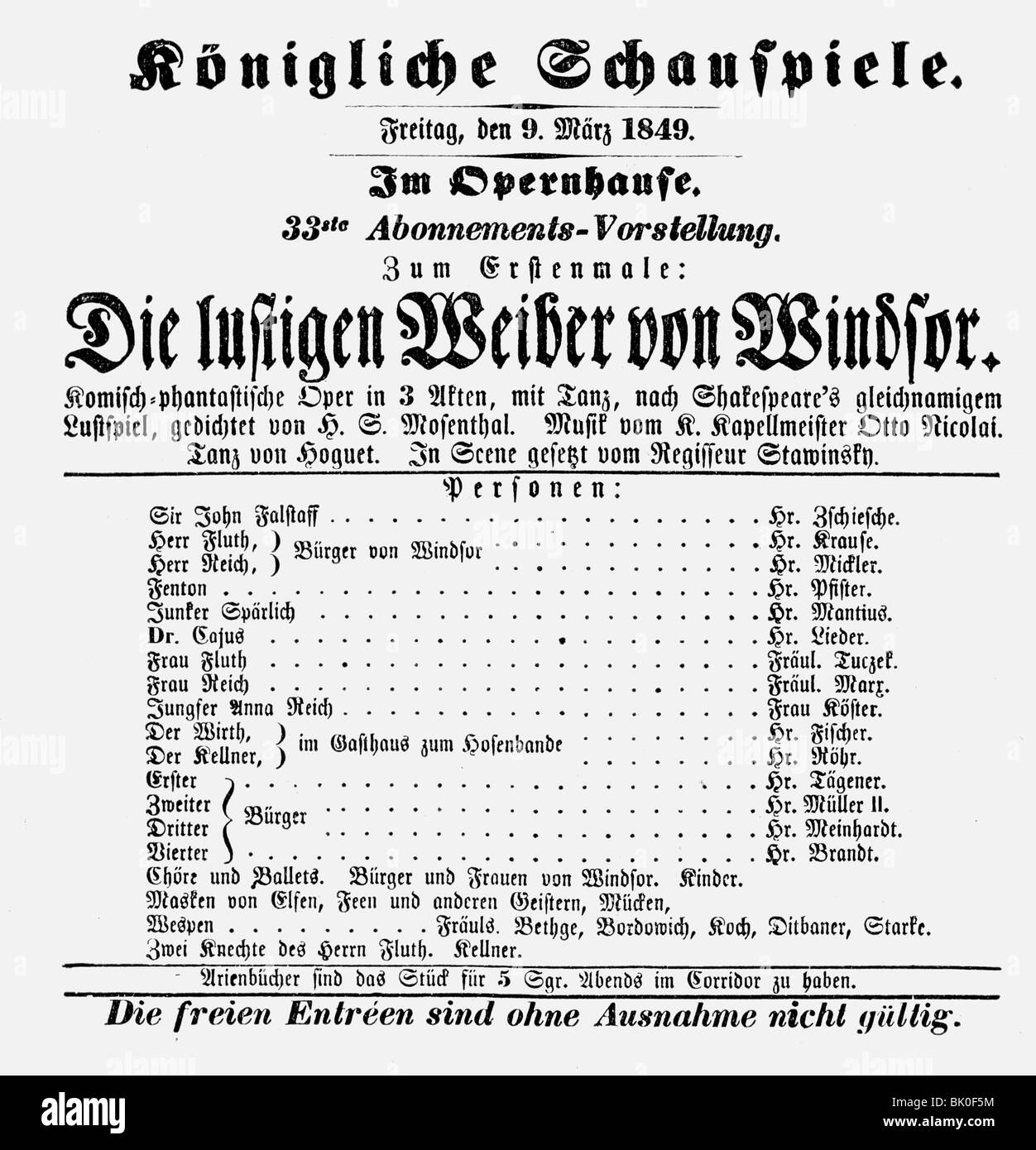 Nicolai, Otto, 6.9.1810 - 11.5.1849, deutscher Komponist, Werke, Oper "Die fröhlichen Ehefrauen von windsor" ('Die lustigen Weiber von', Stockfoto