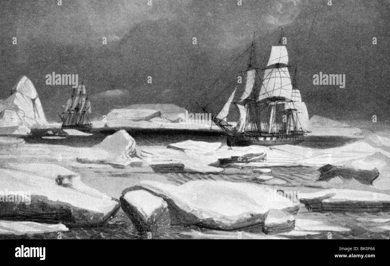 Dumont d' Urville, Jules, 23.5.1790 - 8.5.1842, französischer Admiral und Entdecker, Expedition zum Südpol 1837-0, Schiffe "Astrolabe" und "La Zelee" im Packeis, nach Zeichnung von Dumont d' Urville, Stockfoto