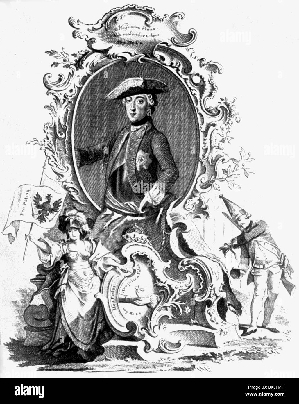 August Ferdinand, 23.5.1730 - 2.5.1815, Prinz von Preßburg, halbe Länge in allegorischer Einfassung, Holzgravur, 19. Jahrhundert, Stockfoto