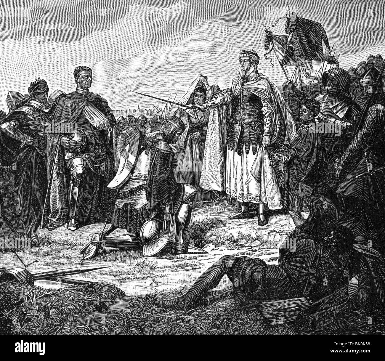 Jacqueline, 15.7.1401 - 9.10.1436, Herzogin von Nieder-Bayern-Straubing-Holland, 31.5.1417 - 12.4.1433, Sieg in der Schlacht von Alphen, 1426, Holzgravur, 19. Jahrhundert, Stockfoto