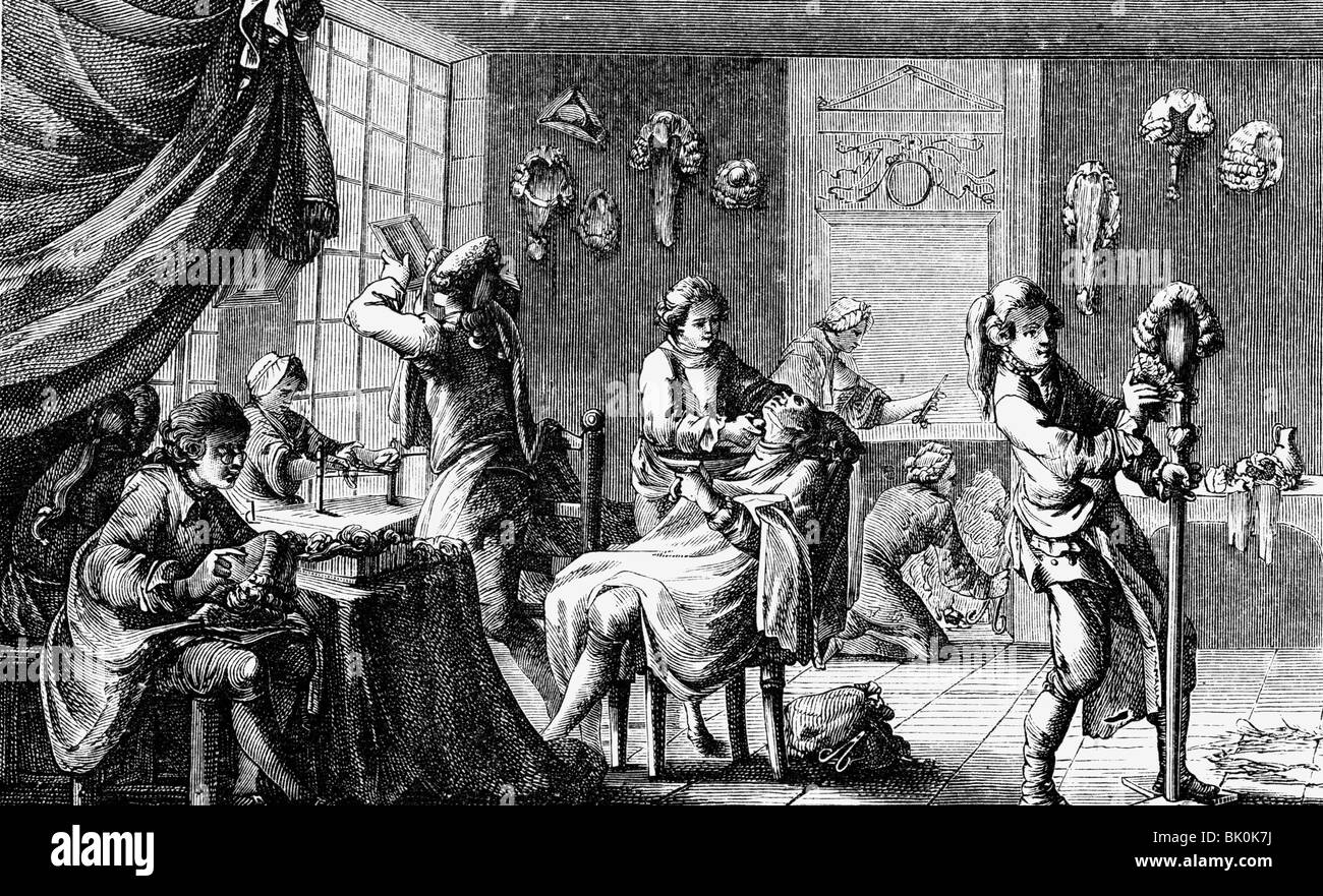 Menschen, Berufe, perückenmacher, Store, Kupferstich von Conchin, 18. Jahrhundert, Handwerk, Handwerker, Kamm, Shop, Perücke, Perücken, Handel, Handel, Kunden, Frankreich, historische, geschichtliche, künstlerische Urheberrecht nicht gelöscht werden Stockfoto