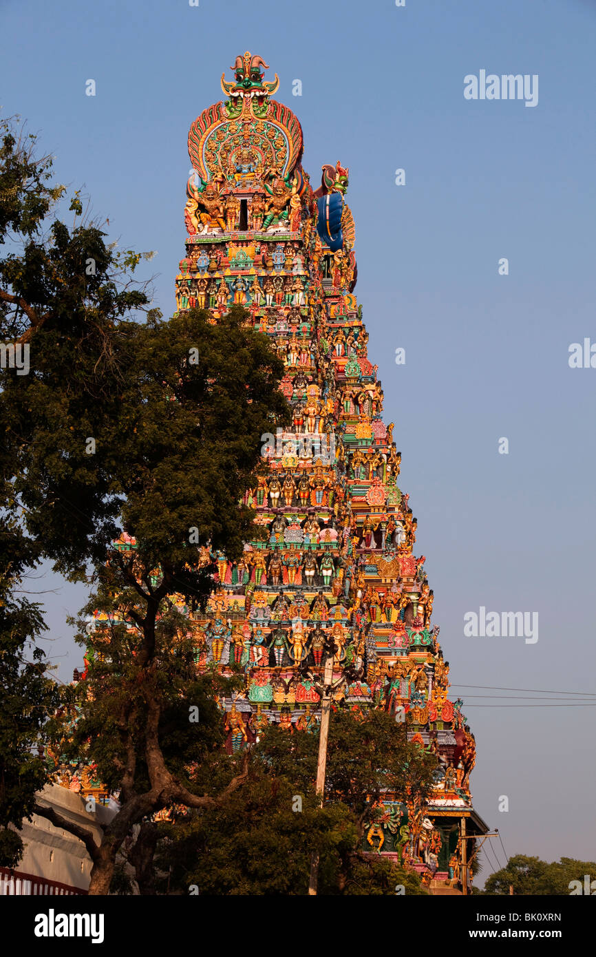 Tamil Nadu, Madurai, Indien, Sri-Meenakshi-Tempel, neu restaurierte südlichen Gopuram, vollgestopft mit Gottheiten Stockfoto